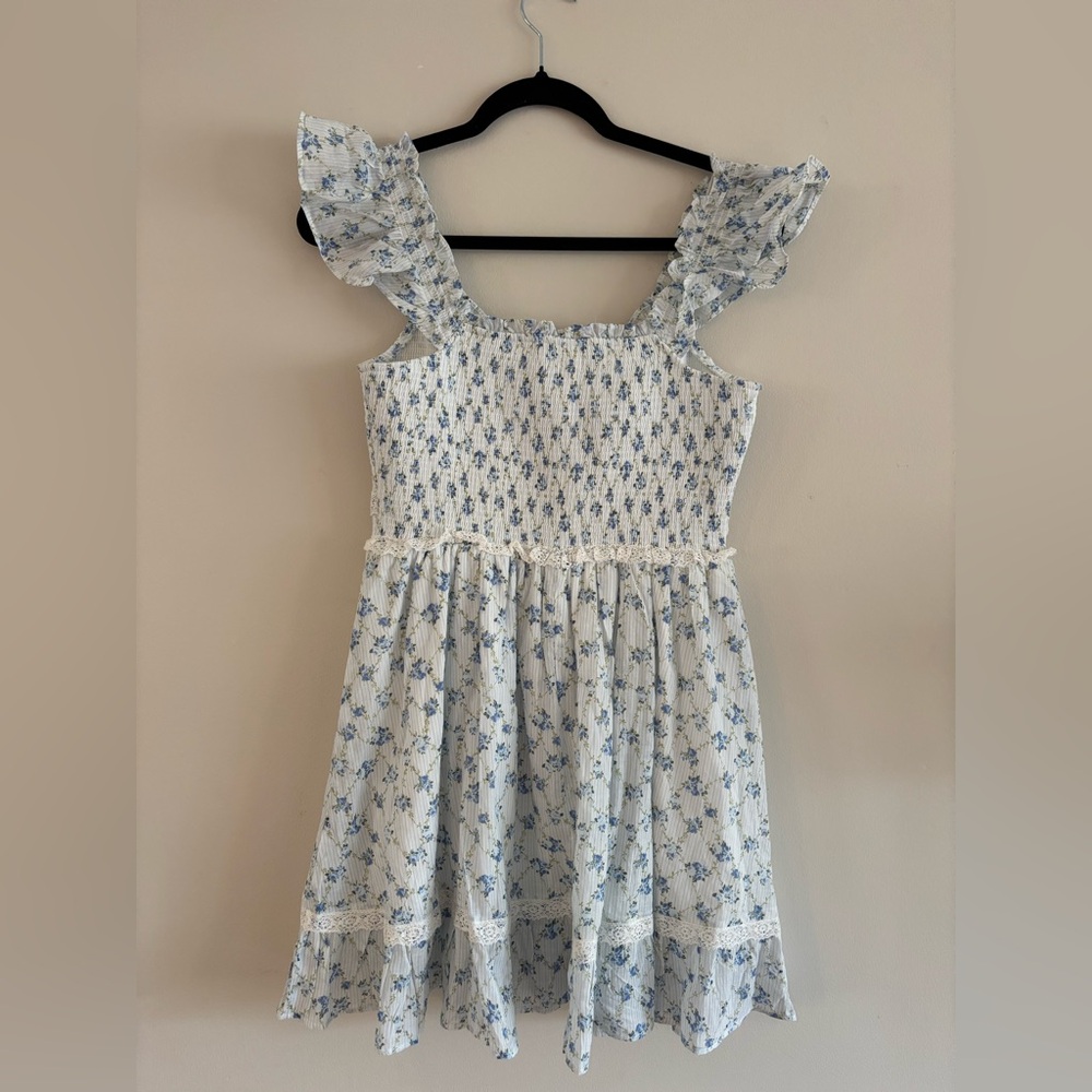 Altar'd State White and Light Blue Floral Ruffle-Shoulder Mini Dres, Size M - Picture 4 of 6